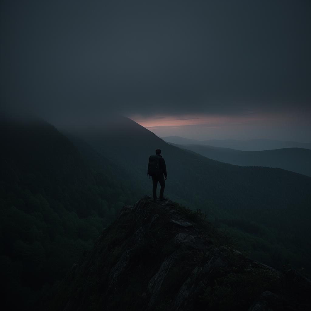 Hiker on a misty mountain ridge at dusk